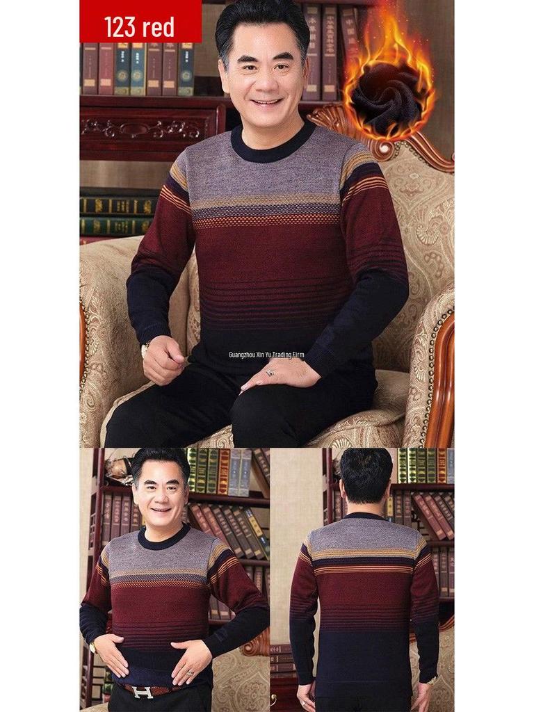 Men's Thick Fleece-Lined Sweater - Grandpa Style, Round Neck, Perfect for Winter Warmth