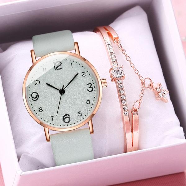 Luxury Women Bracelet Watches Set Ladies Simple Rhinestone Bracelet Watch Fashion Elegant Leather Strap Quartz Wristwatch Birthday Gift for Women