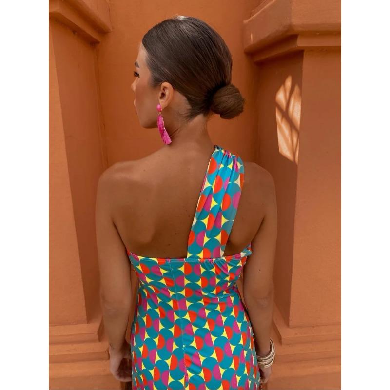 Summer Sexy Print One Shoulder Dress Women Elegant Retro Backless High Street Dresses Female Fashion Chic Slim Sleeveless Party Clothes