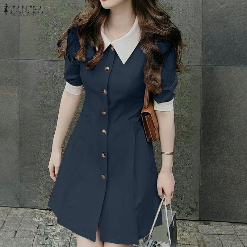 ZANZEA Women Turn Down Collar Summer Casual Short Sleeve Dress
