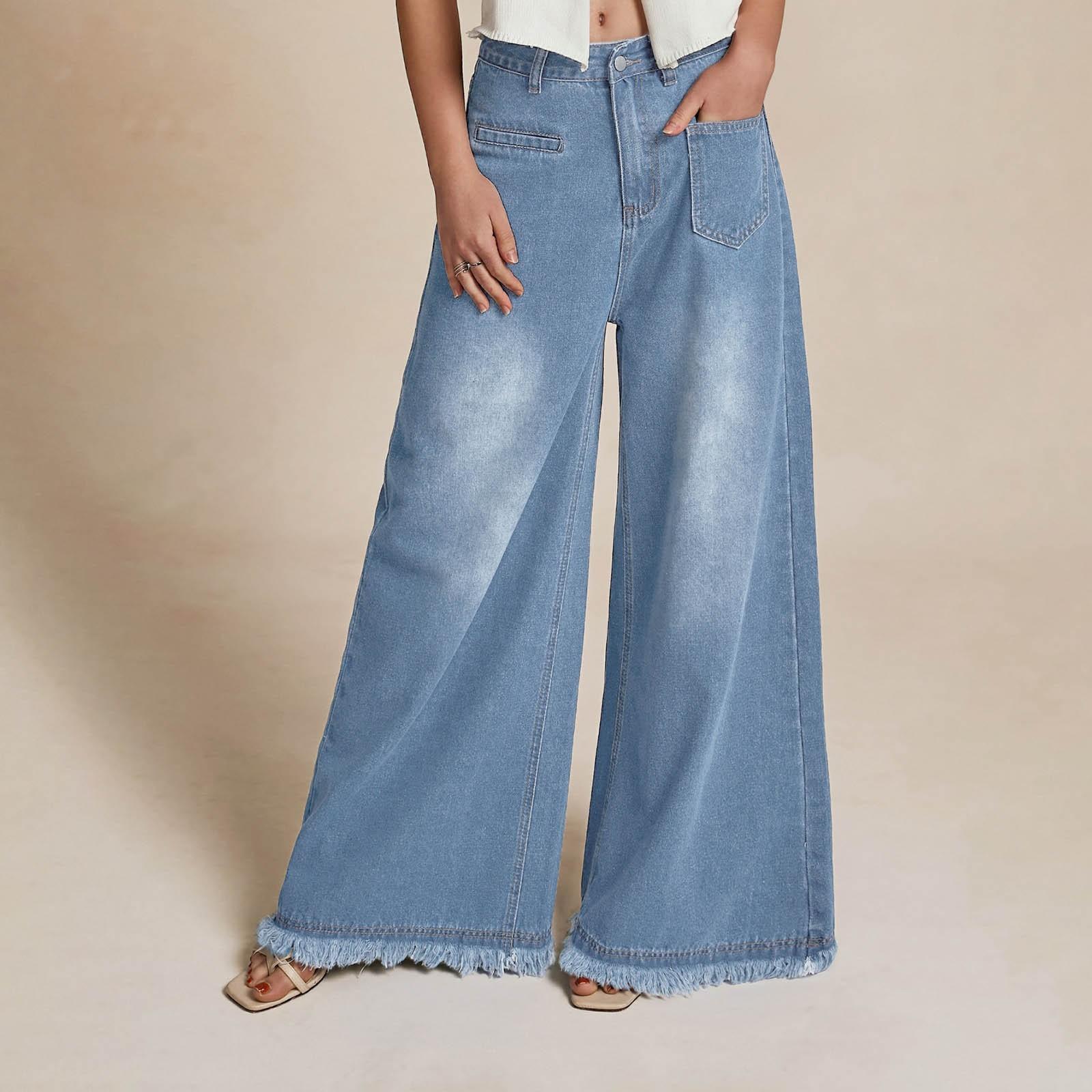 

Женские весенние уличные винтажные широкие брюки из денима с оборками по краям M светло-синий