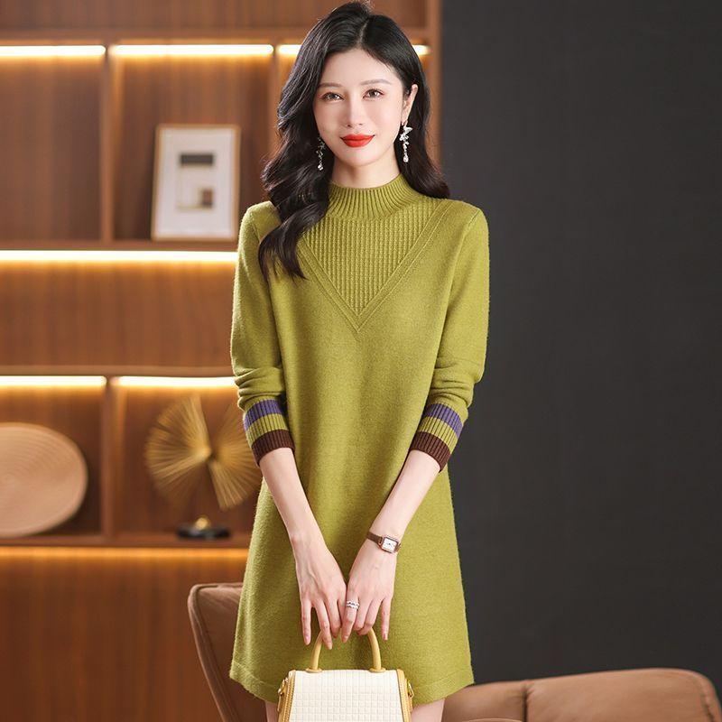 Mid-length Knitted Sweater Women's Fashion Solid Color Loose Large-sized Sweater Autumn and Winter Casual Half Turtleneck Pullover