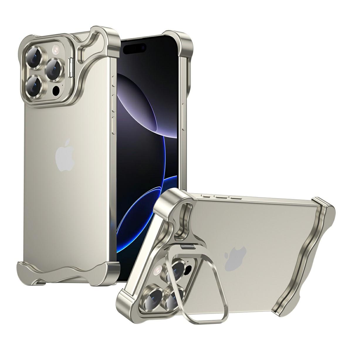 

For iPhone 16 Pro Bumper Case Lens Kickstand Heat Dissipating Metal Corner Phone Cover Titanium