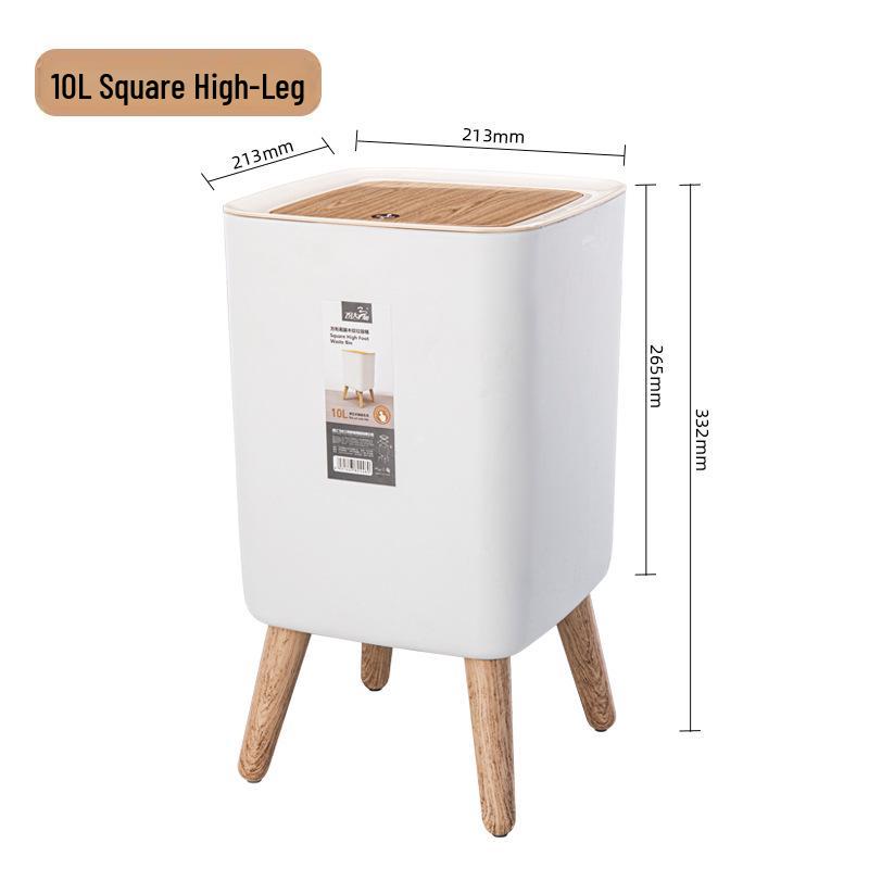 Elevated Wood-Grain Trash Can with Push-Button Lid - Japanese-Style for Living Room or Bedroom