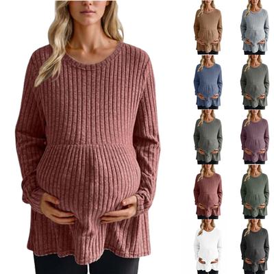 Módní dámská těhotenská tunika s dlouhým rukávem, kulatý výstřih, žebrovaný babydoll top, těhotenské oblečení