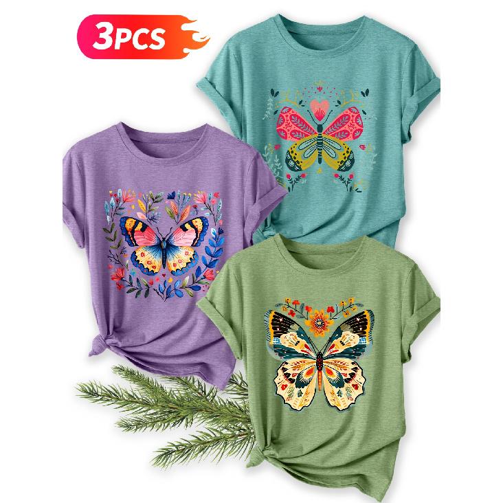 Three-piece Set Vintage Butterfly Print Short-sleeve Retro Round Neck T Fresh and Natural Style Loose-fitting Shirt 2026 Elegant Spring and Summer