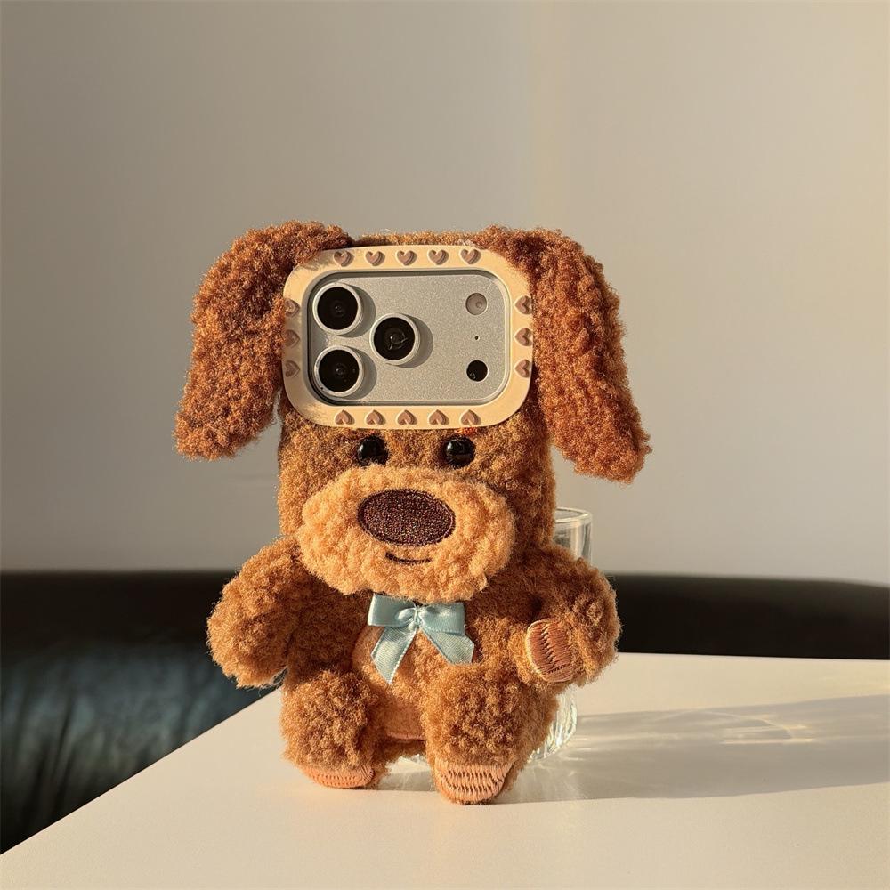 Plush Brown Puppy iPhone 14/13 Pro Max Case - Anti-Fall Protection