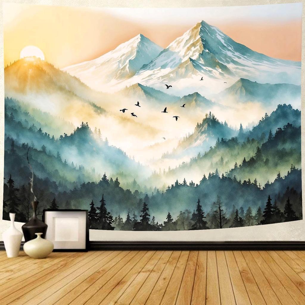 Delur Mountain Tapestry Boho Moon Stars Starry Night Tapestry Wall Hanging Forest Tree Nature Landscape Psychedelic Headboard Fo