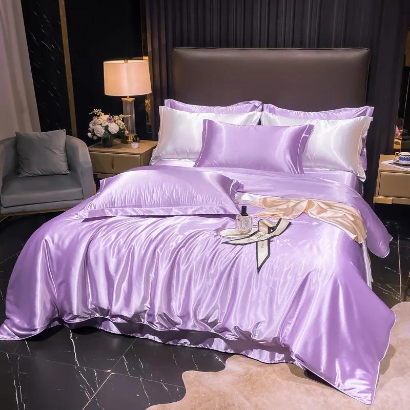 Conjunto de Roupa de Cama Nórdico 100% Seda com Capa de Edredom Lençol Fronha Luxo Casal Solteiro Casal Verão Liso Rainha Rei Lençol