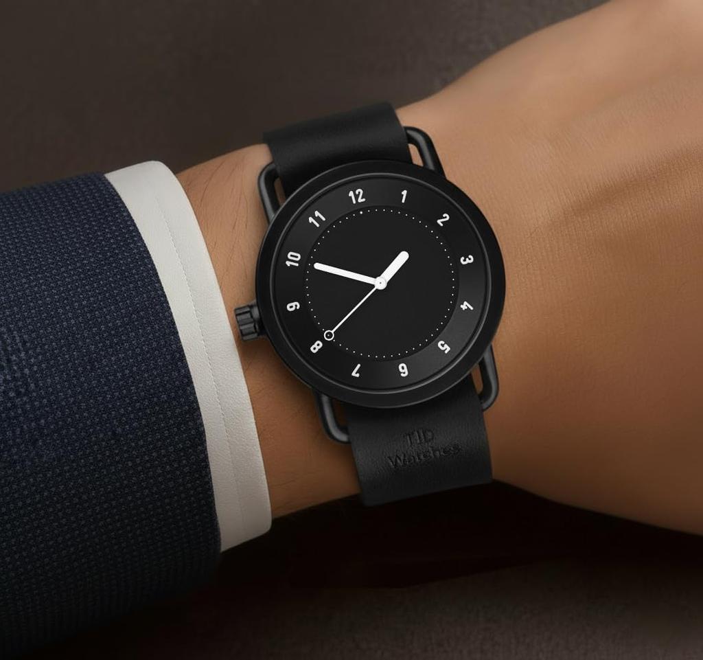 TID Watches 40mm Black Dial Black Leather Strap Quartz Watch Unisex Minimalist Design Nordic Swedish Inspired No.1