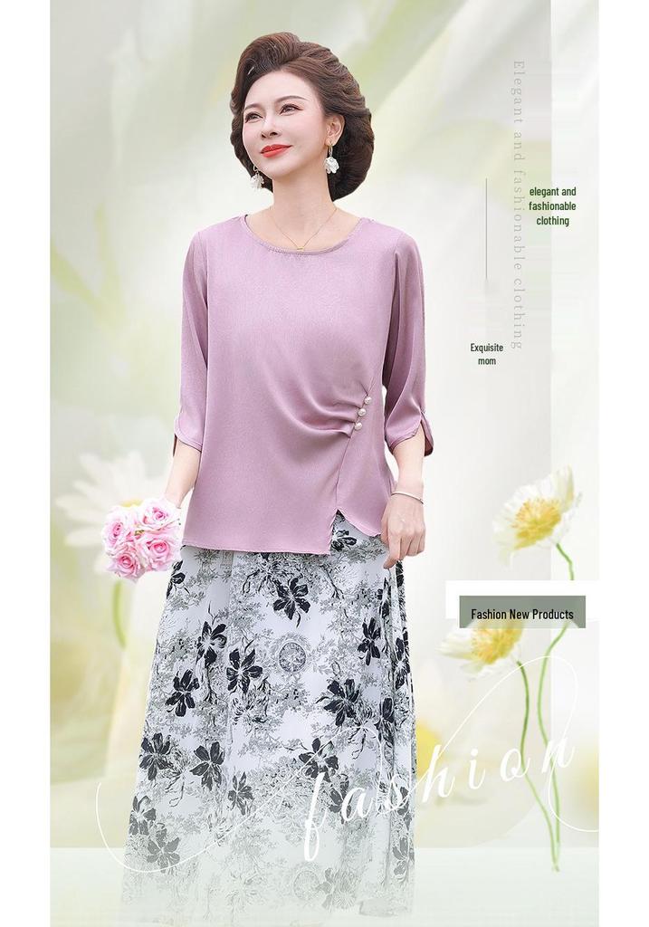 Elegant Floral Two-Piece Set for Middle-Aged Women: Short-Sleeved Top & Slimming Long Skirt, Plus Size Summer Outfit