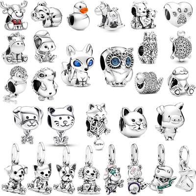 New S925 Sterling Silver Pet Cat Dog Fox Owl Turtle Animal Series Elephant Charm Bead Fit Original  Bracelet DIYJewelry