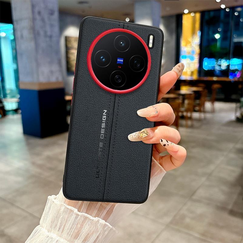 Plain Leather Middle Stitching Style Red Heightened Lens Ring Case For VIVO X200 Ultra X200s X200 Pro Mini X200 Pro Slim Cover