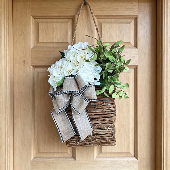 Faux Hydrangea Door Hanger Basket Wreath Spring Summer Artificial Flower in Wicker Basket with Bow Front Door Hanging Flower Basket for Home Farmhouse