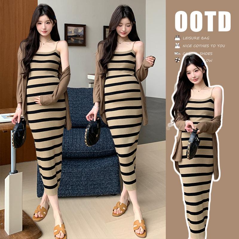 2026 Spring Korean Striped Knit Camisole Dress & Sun Protection Cardigan Set M