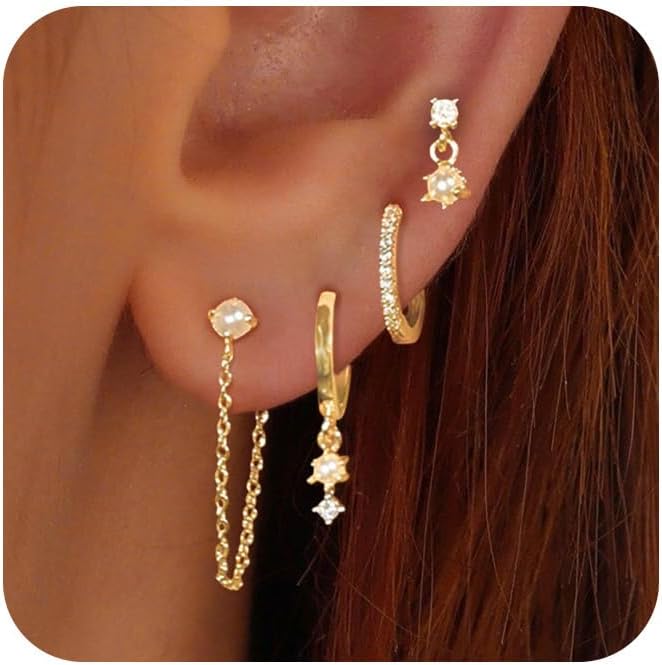 14k Gold Plated Pearl Hoop Earrings for Women Dainty Huggie Stacks, Hypoallergenic Cute Cartilage Studs, Trendy Fashion Zircon