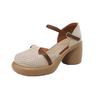 Retro style color matching thick-soled high-heeled sandals women's summer bag head hollow thick heel casual one-button Roman shoes