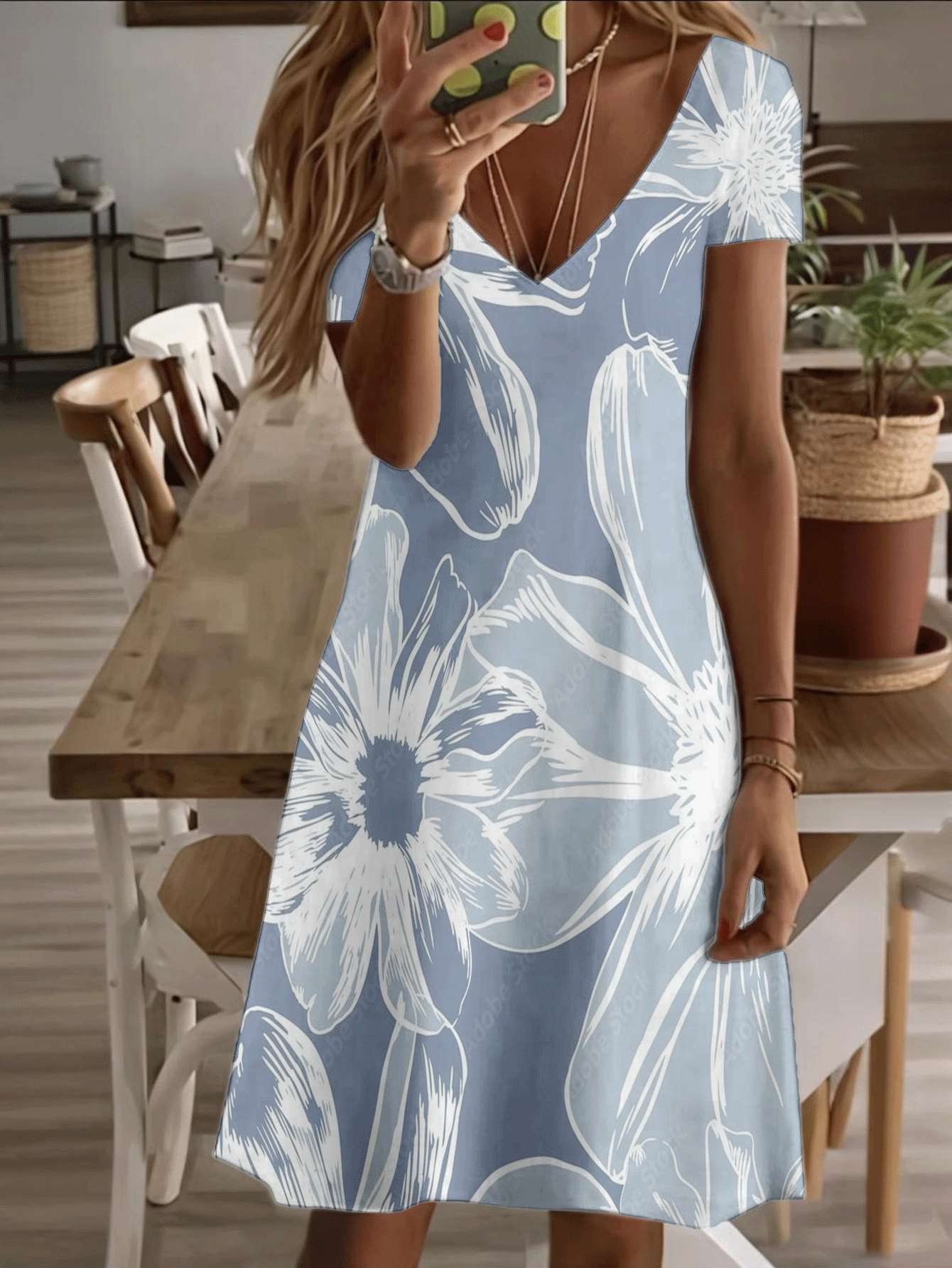 

Vneck shortsleeve midi dress blue floral pattern 3D premium print elegant flower design durable casual fashion summer outfit breathable soft fabric la 5XL дубильная кора