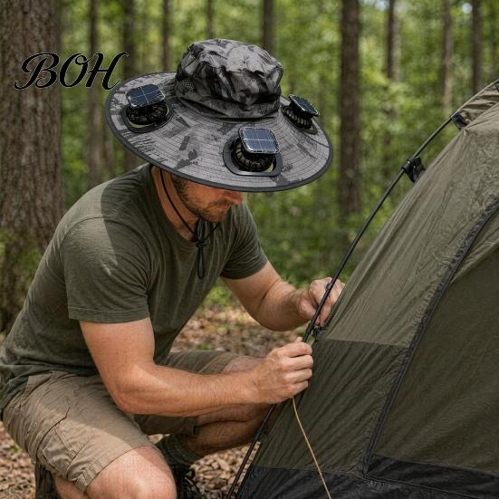 Cycling Cooling Hat Solar Fan Hat, UPF 50+ Wide Brim Sun with 2 Cap Fans, & USB Rechargeable, 3 Speeds for Fishing/Camping/Hiking/Gardening