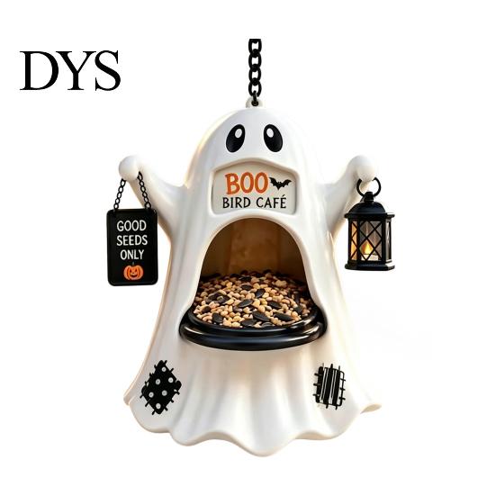 Unique Garden Ornament Halloween Ghost Bird Feeder, Outdoor Hanging Big Mouth Wild Feeding Resin Feeder for Yard Station, Spooky Statue Outside