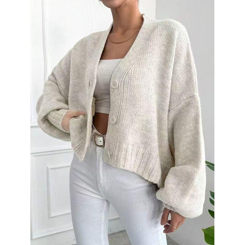 

Western Style New Versitile Fashion Loose Lantern Sleeve Knit sweater Cardigan Outerwear Knitted Sweater Beige White XL
