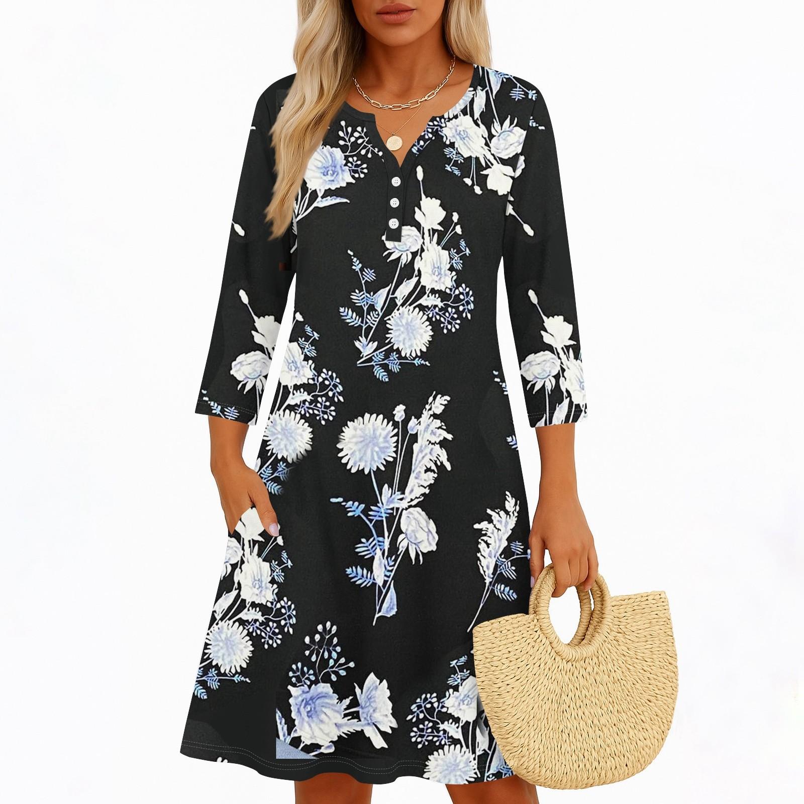 

Платья для женщин Весенние сарафаны Женское повседневное платье с рукавом 3/4 V-образный вырез Бохо Платье с цветочным принтом L чёрный