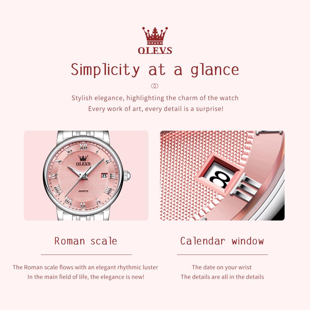 OLEVS Kvarts Klokker for Dame Ultratynn Solid Stållenke Elegant Mote Romersk Skala Auto Dato Vanntett Dameklokker