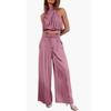 Ladies Two Piece Pants Sets Ladies Outfit Silk Pleated Texture Sleeveless Top Wide Leg Pants Set Summer Matching Sets