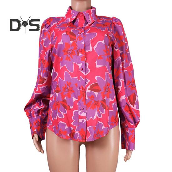 Damska koszula z klapami, bufiastymi rękawami, topy z kwiatowym nadrukiem, jednorzędowa, luźna, cienka bluzka odzież robocza