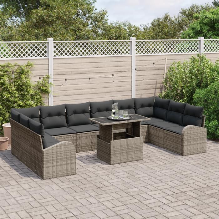 Ensemble de Canapés 11 Pièces avec Coussins Gris en Poly Rattan, Canapé de Jardin 2 Places avec Rangement &amp; Coussins Gris en 3357452