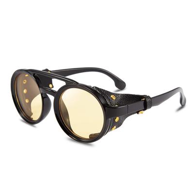 Retro Round Sunglasses Steampunk Vintage Eyewear Light Sunglasses Plastic Frame Leather Wear B2532 [FEISEDY] Men's Women's