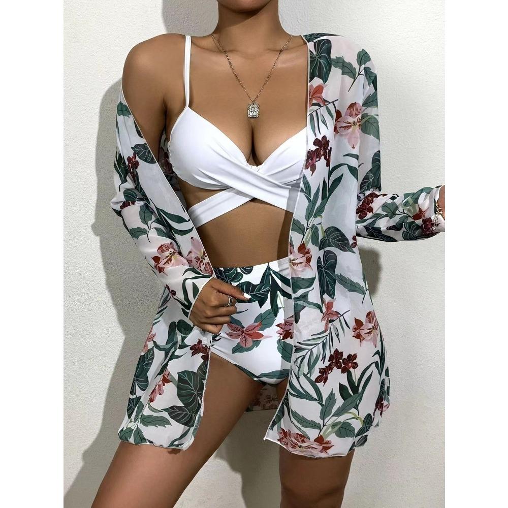 European and American Bikini Sexy Push Up Mesh Three-Piece Printed Split Swimsuit