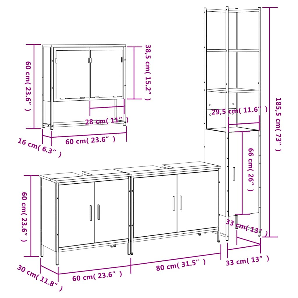 4 piece bathroom furniture set smoked oak wood based material