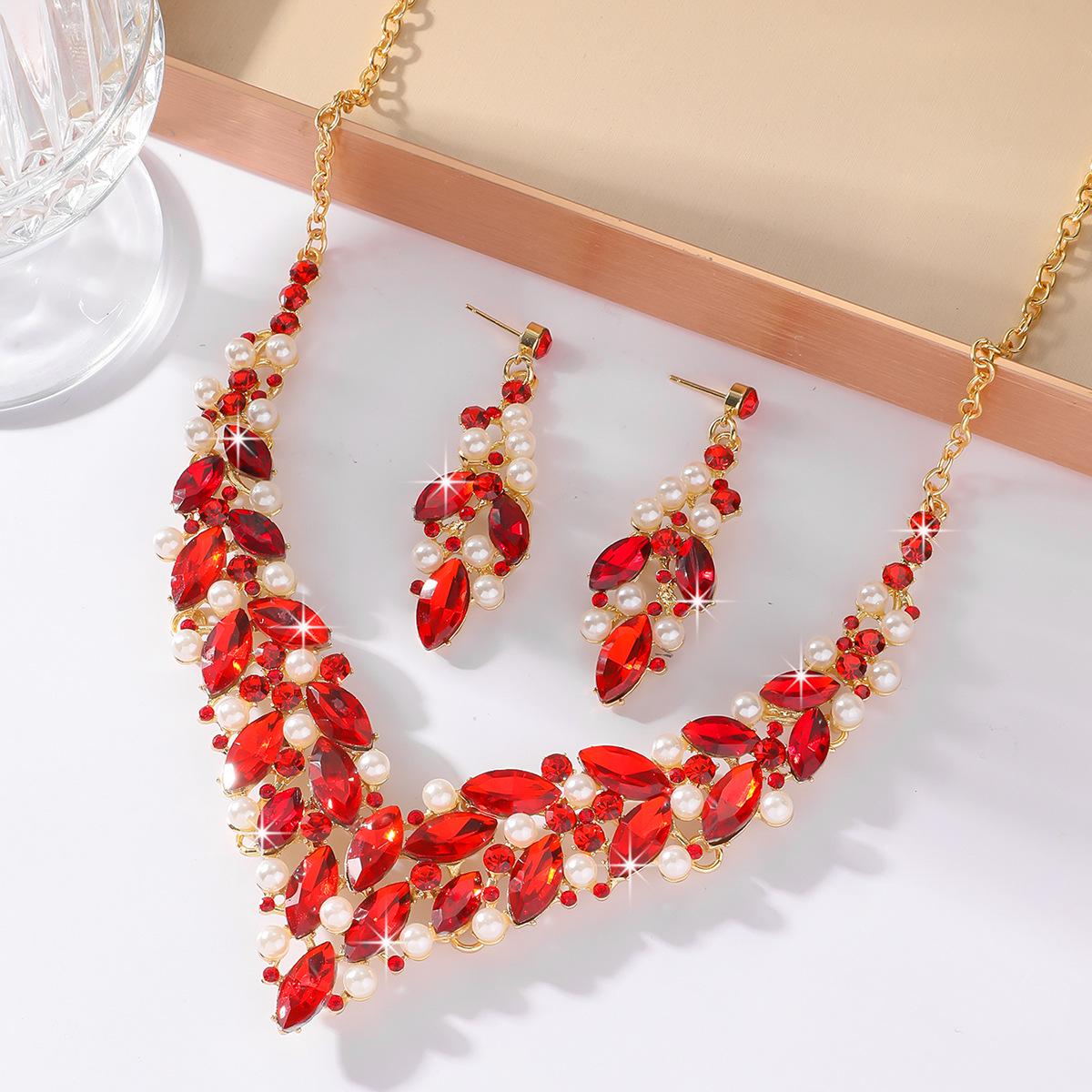 Water Drop Pearl Bridal Necklace & Earrings Set with Full Diamond Accessories