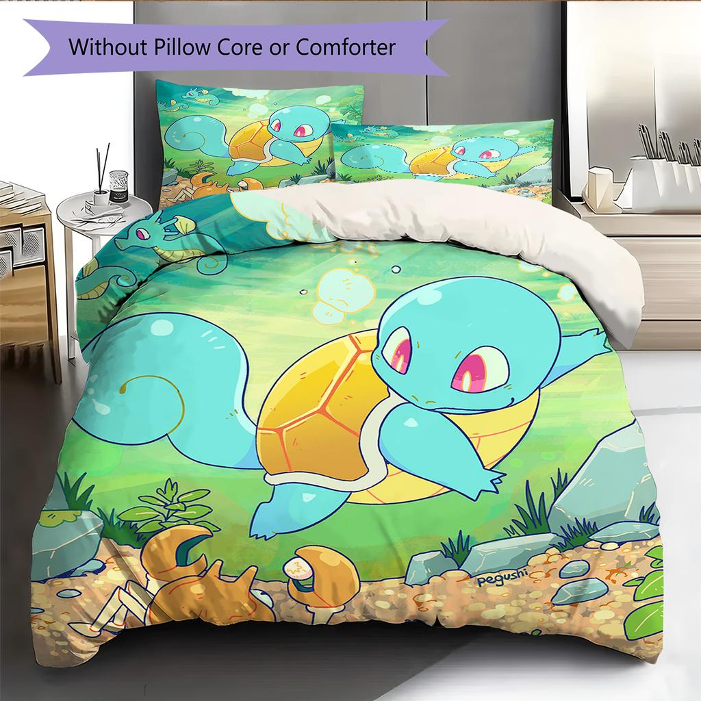 Squirtle Muster Bettwäsche Heimdekoration Geburtstagsgeschenk (1 Bettbezug + 2 Kissenbezüge, ohne Füllung)