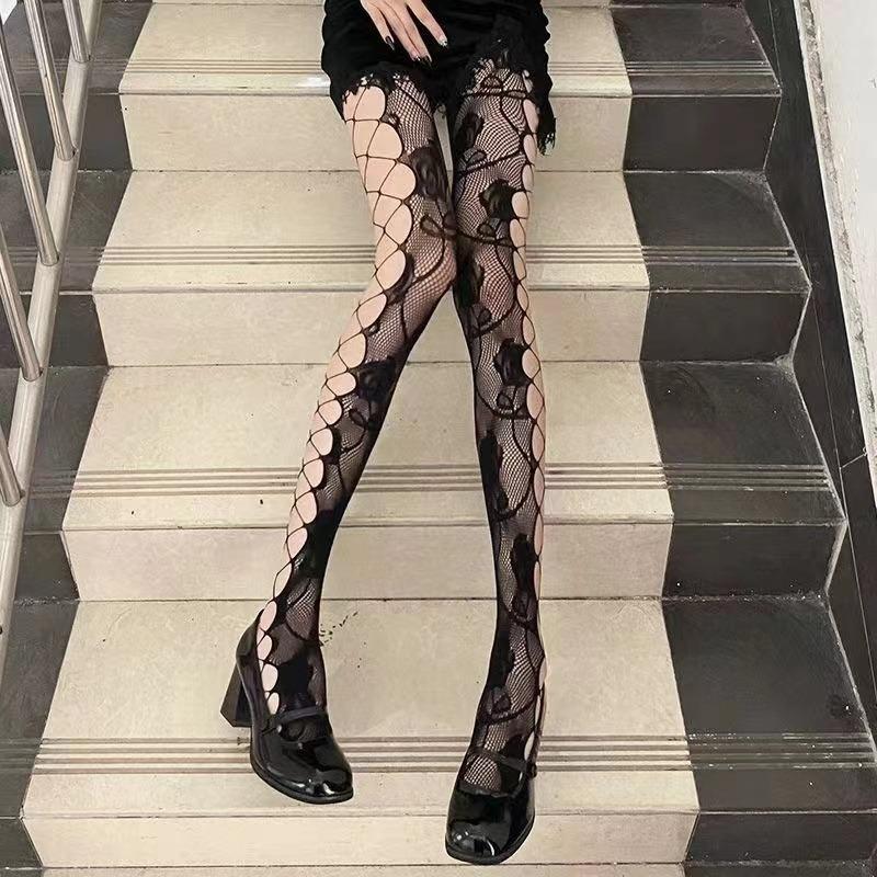 Women's Fishnet Stockings, Patterned High Waist Fishnet Tights, Fishnet Hollow Floral Thigh High Pantyhose
