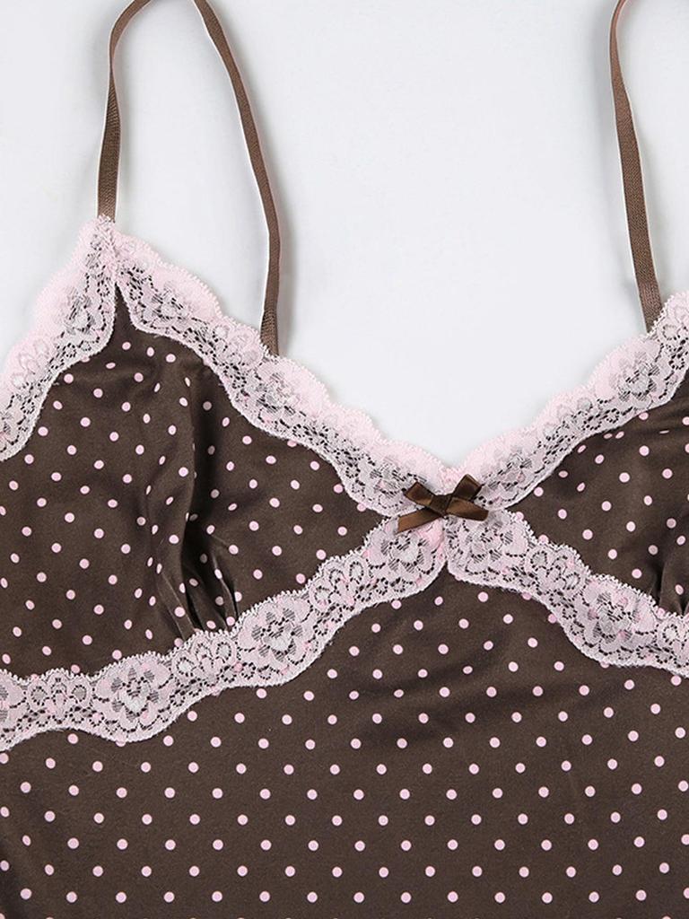 French Retro Polka Dot Lace V-Neck Camisole Dress - High Waist, Figure-Hugging Mini Skirt