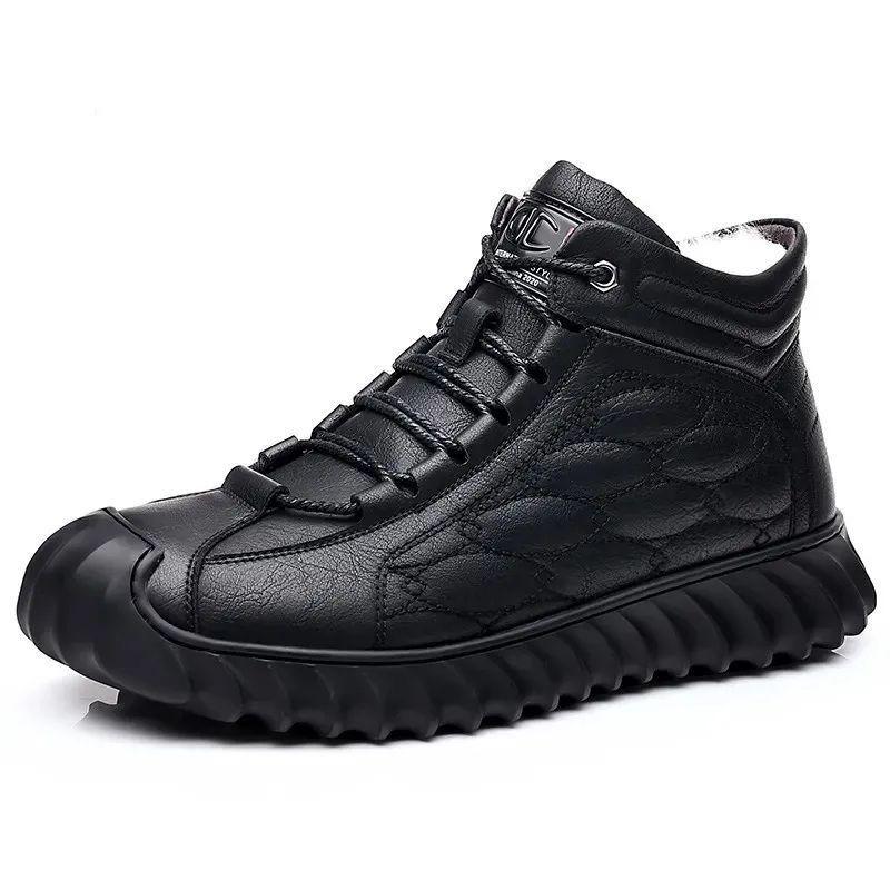 Men's Cotton Shoes Genuine Leather Cowhide Velvet Thermal Casual Leather Shoes British Snow Boots Non-slip Soft-soled Waterproof Cotton Shoes Men