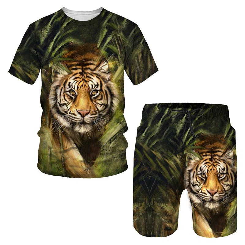 Summer Tiger 3D Printed T-shirt/Suit O Collar Men's Short Sleeve Beach Pants 2 Piece Suit Sportswear Casual Fashion Shorts