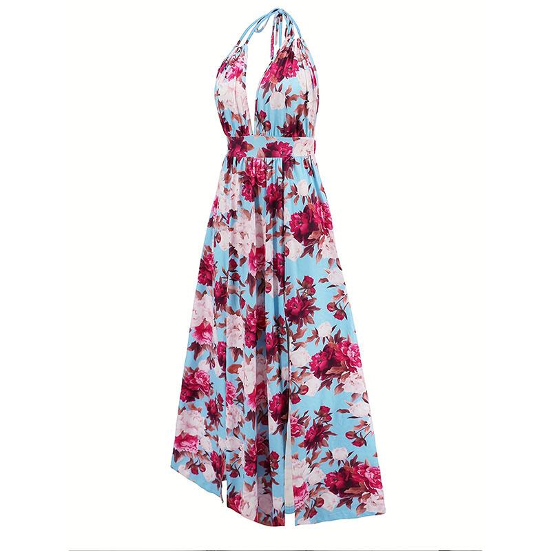 Women Summer Backless Halter Sexy Bohemian Style Flower Printed High Split Long Dress