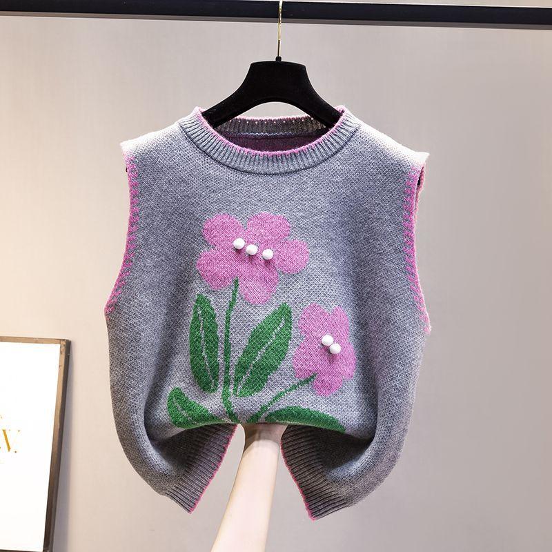 Round Neck Knitted Vest Embroidered Flowers Splicing Color Design Women's Knitted Pullover Sweater Loose Casual Top Autumn