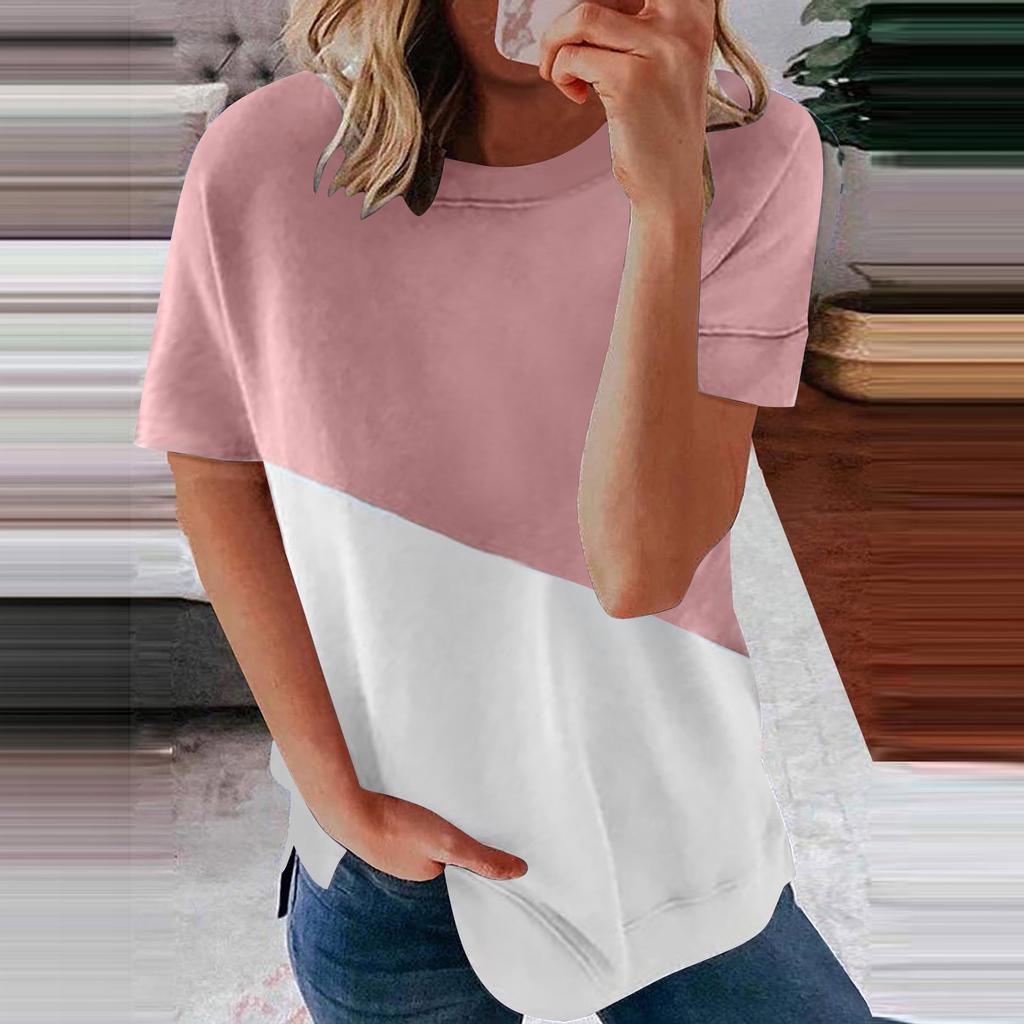 Women's Casual Fashion Short-Sleeved Stitching Round Neck Pullover Thin T-shirt