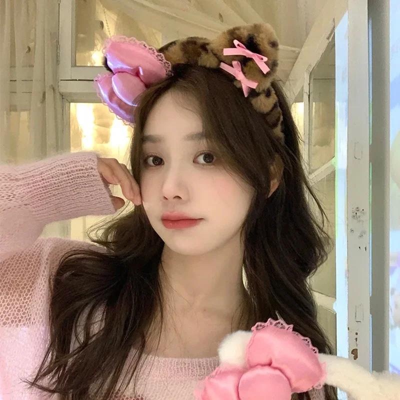 1-20PCS Y2k Leopard Print Kitty Ear Plush Headband Kawaii Girl Hair Ornament Headwear Lolita Fashion Hair Accessory Party Gift