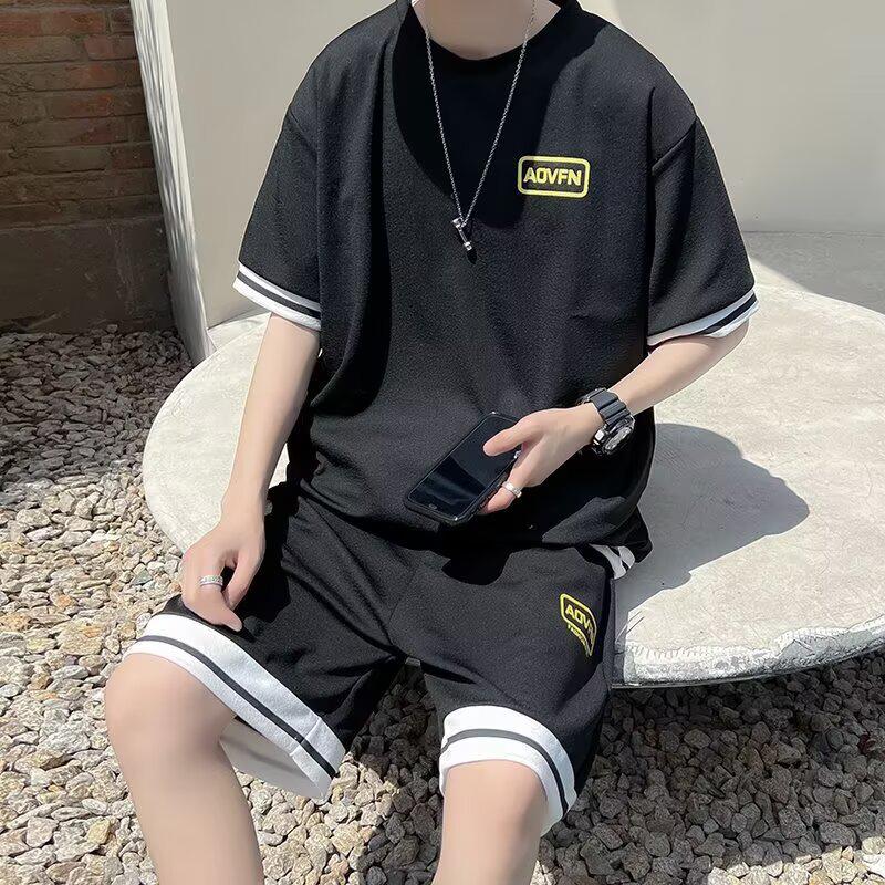 Korean Style Men's Sportswear Set - Short Sleeve T-shirt & Casual Basketball Shorts, Summer 2026 Trend