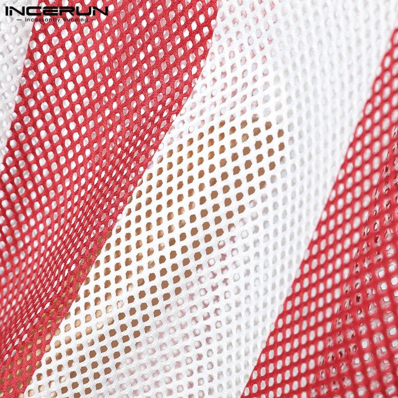 INCERUN Summer Men Lapel Tassel Sleeve Stitching Print Mesh Sheer Casual Tank Tops