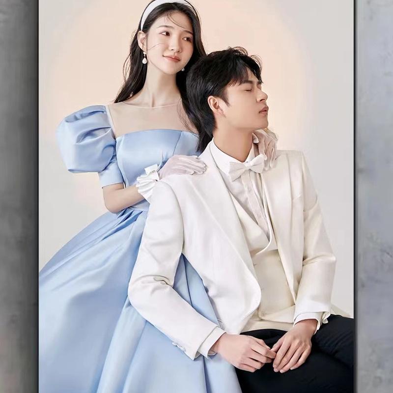 Indoor Long Trailing New Body Main Picture Dress Couple Dress Korean Version Blue Short-sleeved Lawn