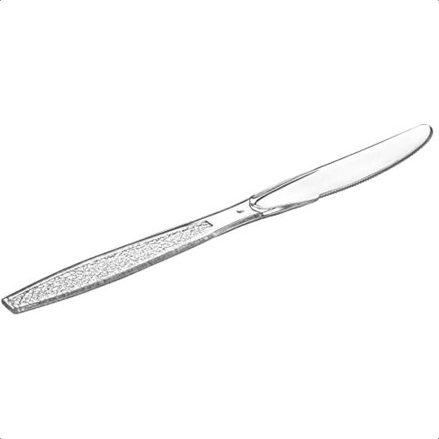 

Удобная упаковка [100 штук прозрачных пластиковых ножей повышенной прочности с гравированным дизайном пластиковые ножи одноразовые прочные пластиковые столовые приборы серебристого цвета United States