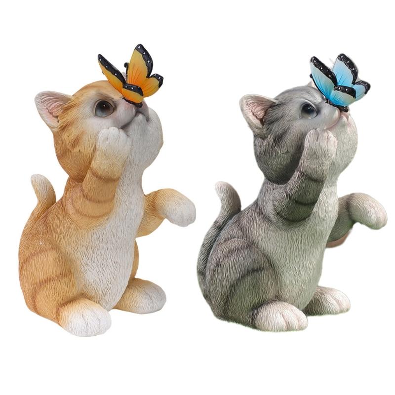 Garden Ornament Cats Solar Light Statue for Backyard Cafe Indoor Outdoor Statue Sculpture LED Cats Figurine Yard Lamp