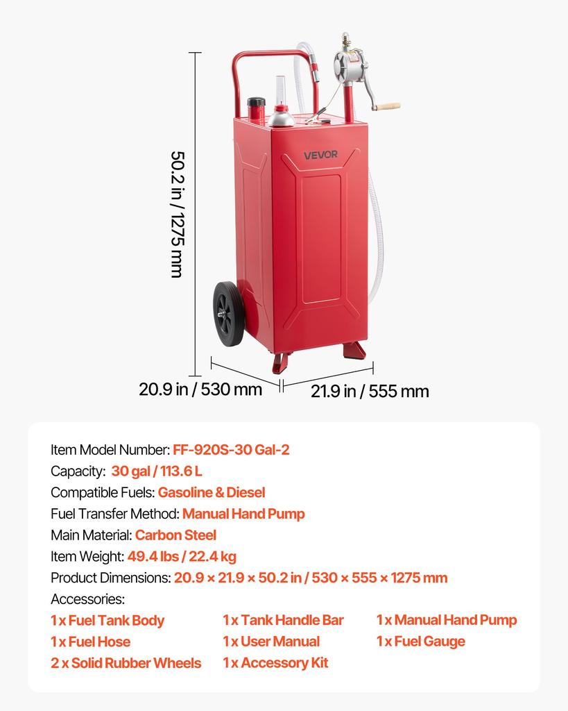 VEVOR 113.6L Fuel Gas Caddy, Carbon Steel, Portable Fuel Transfer Storage Tank with Manual Pump & 2 Rolling Wheels, Gasoline Diesel Can Container