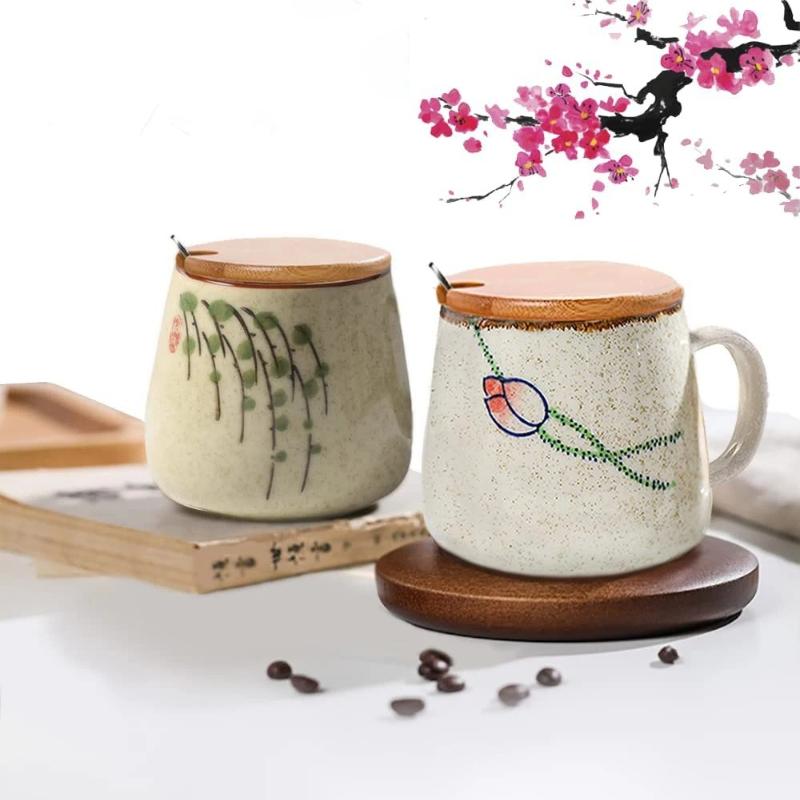 350ml Japanese Retro Ceramic Coffee Cup Set with Lid Spoon Heat Resistant for Milk Tea Breakfast Office Home Gift